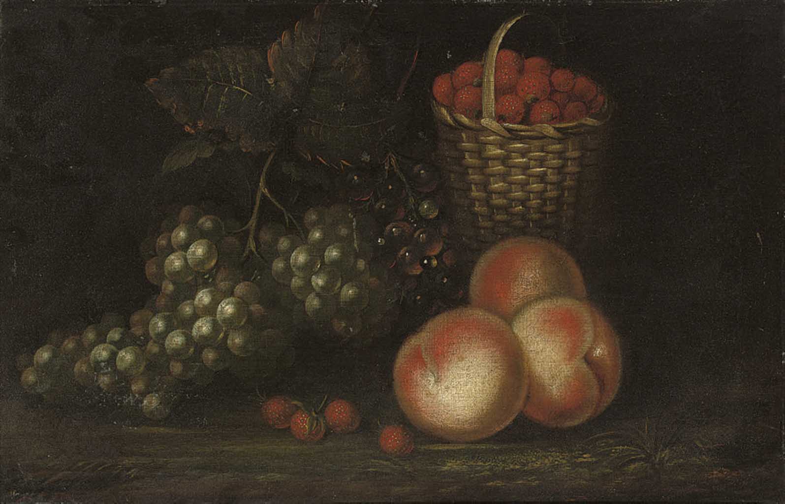 Peaches and grapes with a wicker basket of wild strawberries